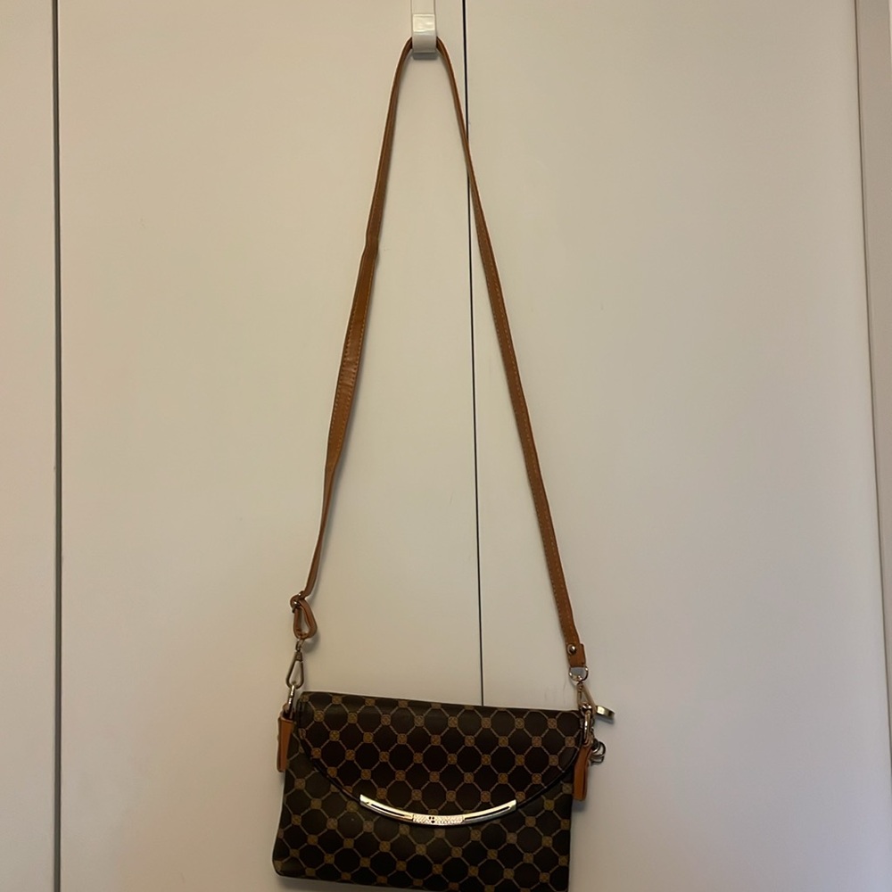 Designer-Inspired Brown Patterned Crossbody Bag with Gold Accent